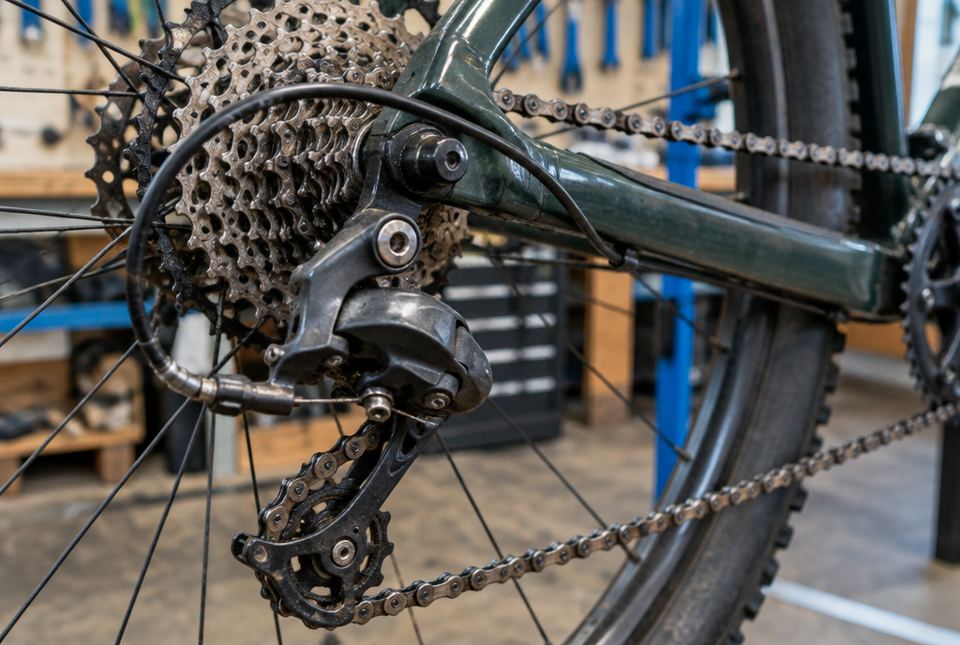Close-up of a bicycle's rear gears, derailleur and oily chain.
