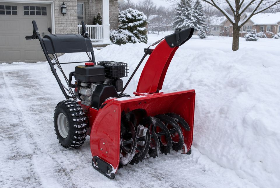A red gas snowblower parked on a snowy driveway next to a snowbank.