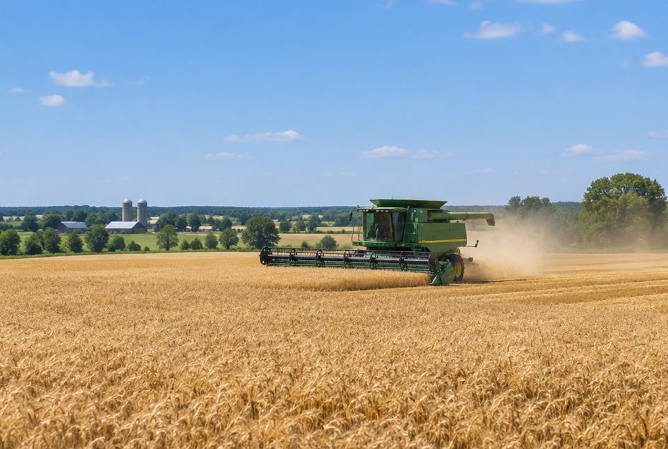A green combine harvester cuts a field of golden wheat on a sunny day, with farm buildings in the distance.
