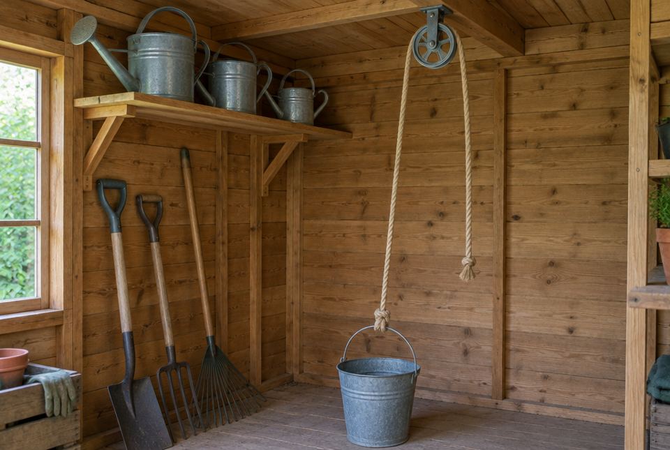 A rope runs over a pulley on a garden shed ceiling beam, with one end tied to a metal bucket, below a shelf of watering cans.