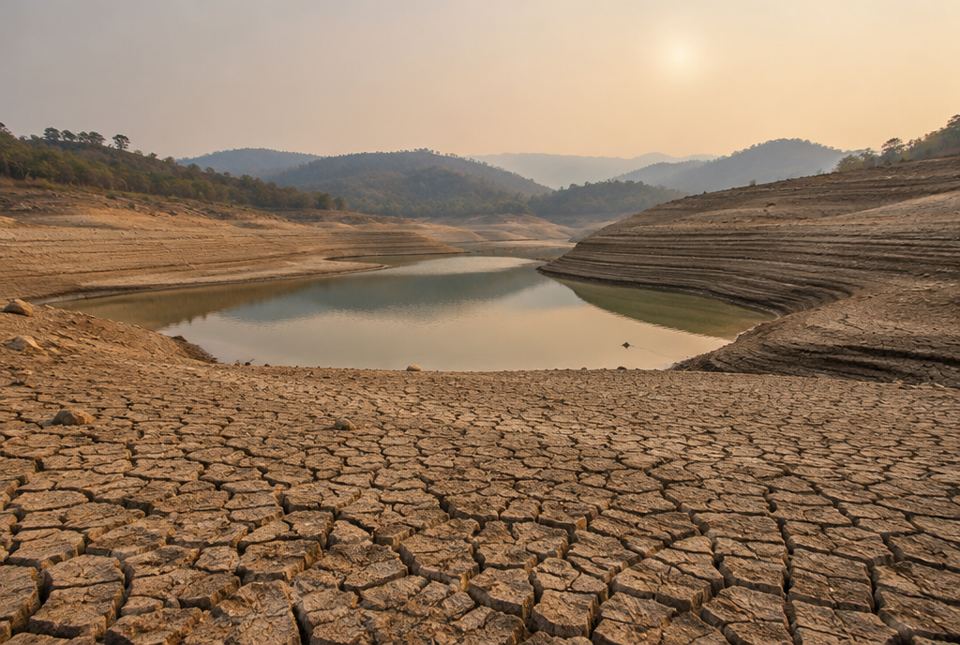 A dry reservoir with a wide cracked mud bed and a small shrunken pool of water in the middle.
