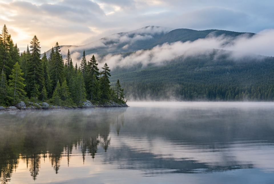 Mist rises off a calm lake at sunrise, with evergreen forest on the shore and low clouds over the hills.