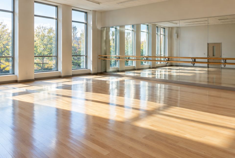 An empty dance studio with a light wooden floor, a wall of mirrors with a ballet barre and sunlight from tall windows.
