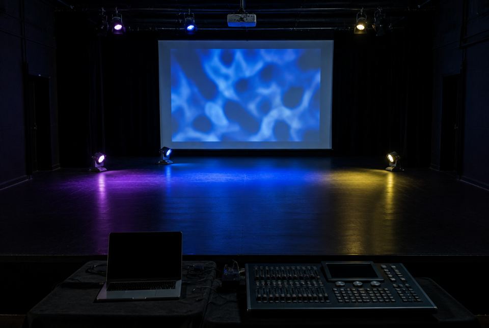 A dark theatre stage with a blue abstract pattern projected on a screen, coloured lights on the floor and a laptop and lighting board in front.