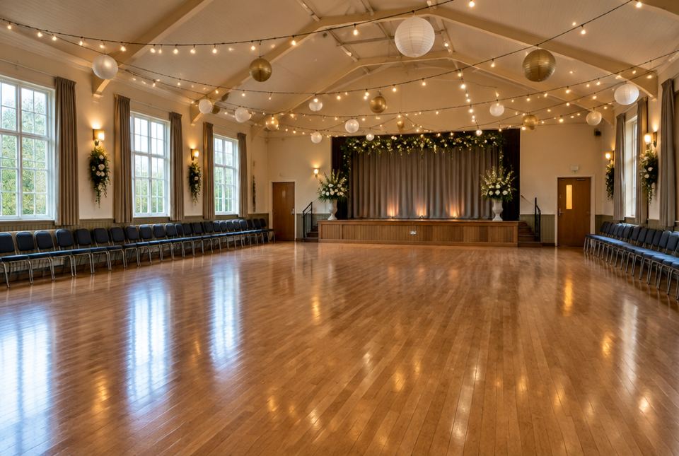 An empty community hall with a polished wooden dance floor, strings of warm lights and chairs along the walls.