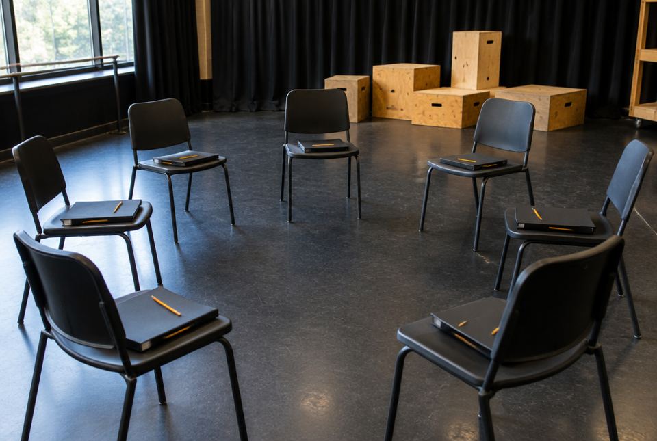 Chairs arranged in a circle in a drama room, with closed binders and pencils on the seats and wooden blocks behind.