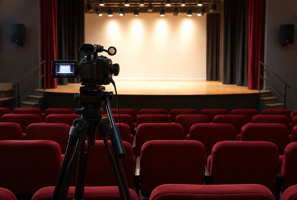 A video camera on a tripod in a row of red theatre seats points at a brightly lit empty stage.