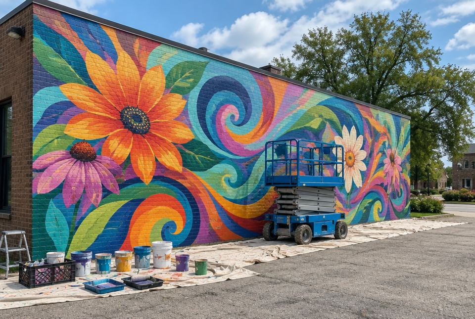 A large colourful mural of swirls and flowers on a brick wall, with a scissor lift, paint cans and drop cloths in front.