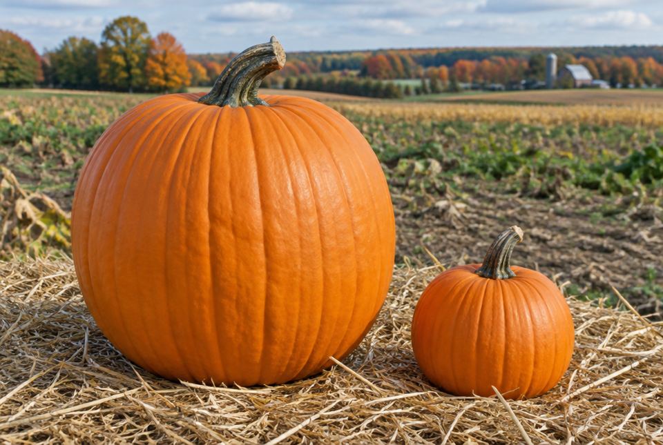 A big orange pumpkin and a small orange pumpkin side by side on straw at a farm.