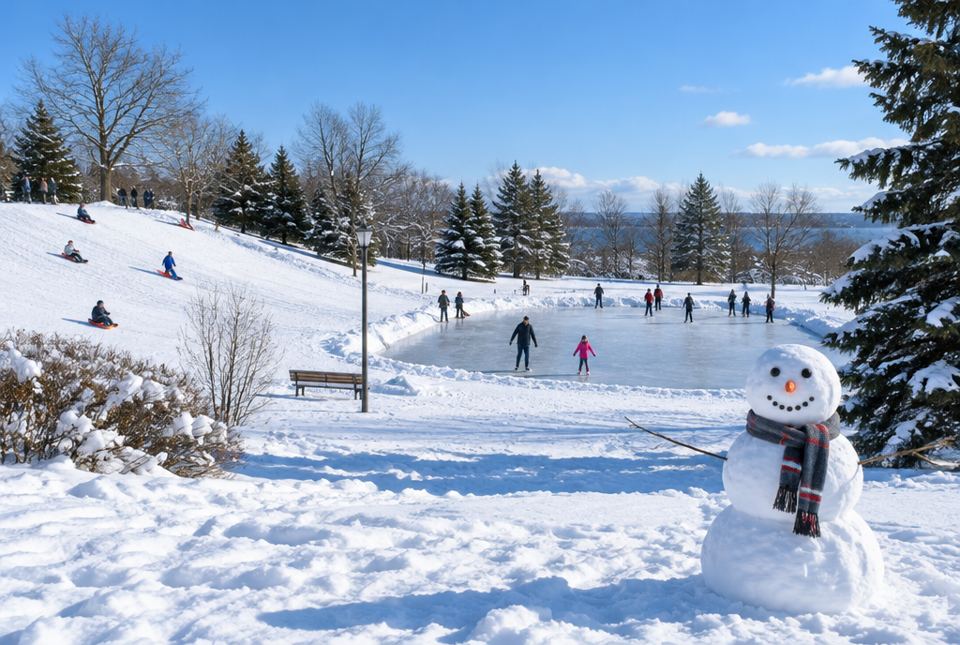 A snowy park with people sledding down a hill, people skating on an outdoor rink, and a snowman with a scarf.
