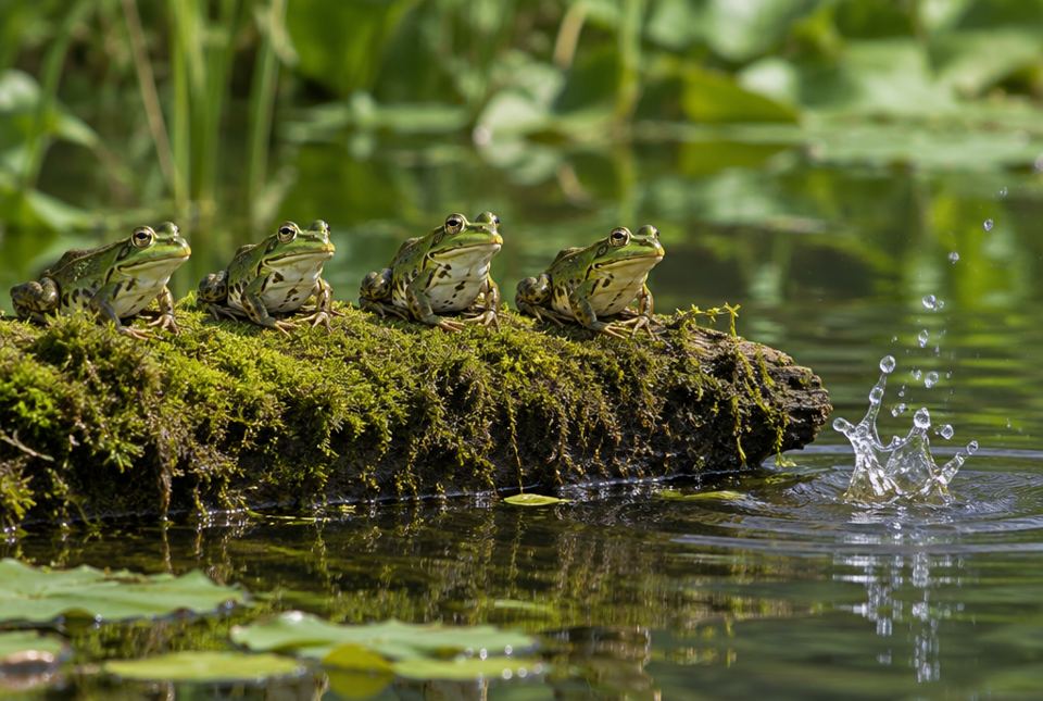 Four frogs sit in a row on a mossy log in a pond, with a splash in the water beside the log.