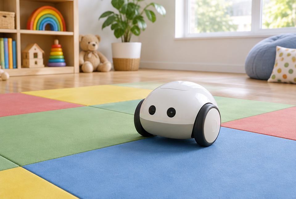 A small white toy robot with wheels on a play mat made of big coloured squares.