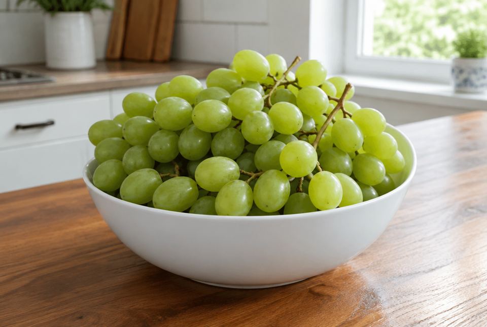 A big white bowl is piled high with green grapes on a kitchen counter.
