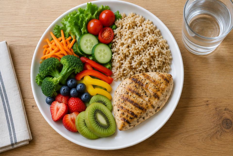A plate with vegetables and fruit on half, brown rice on one quarter and chicken on one quarter, with a glass of water.