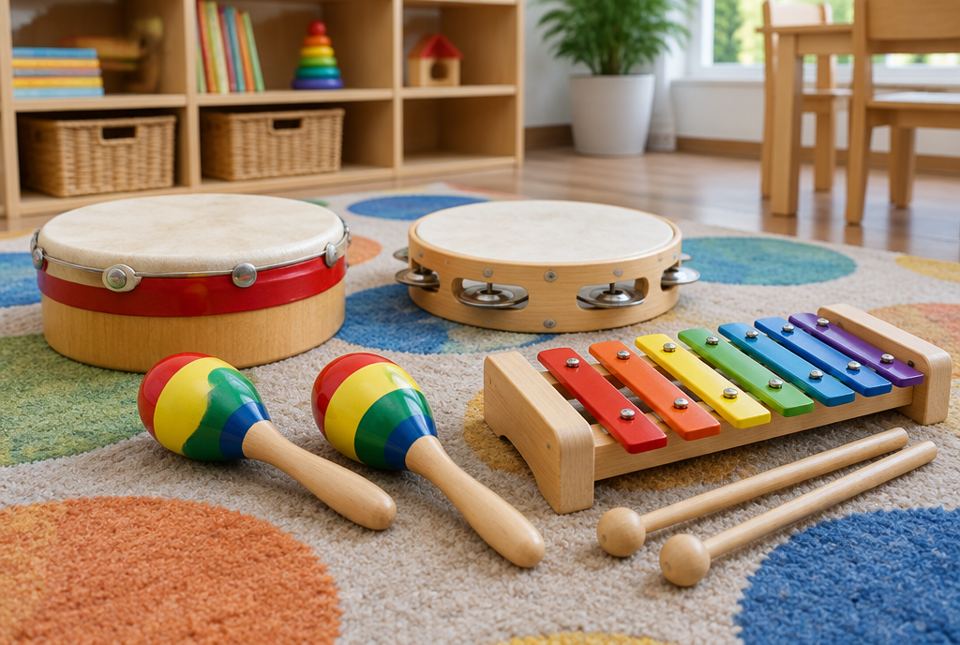 A hand drum, a tambourine, two maracas and a small colourful xylophone with mallets on a rug.