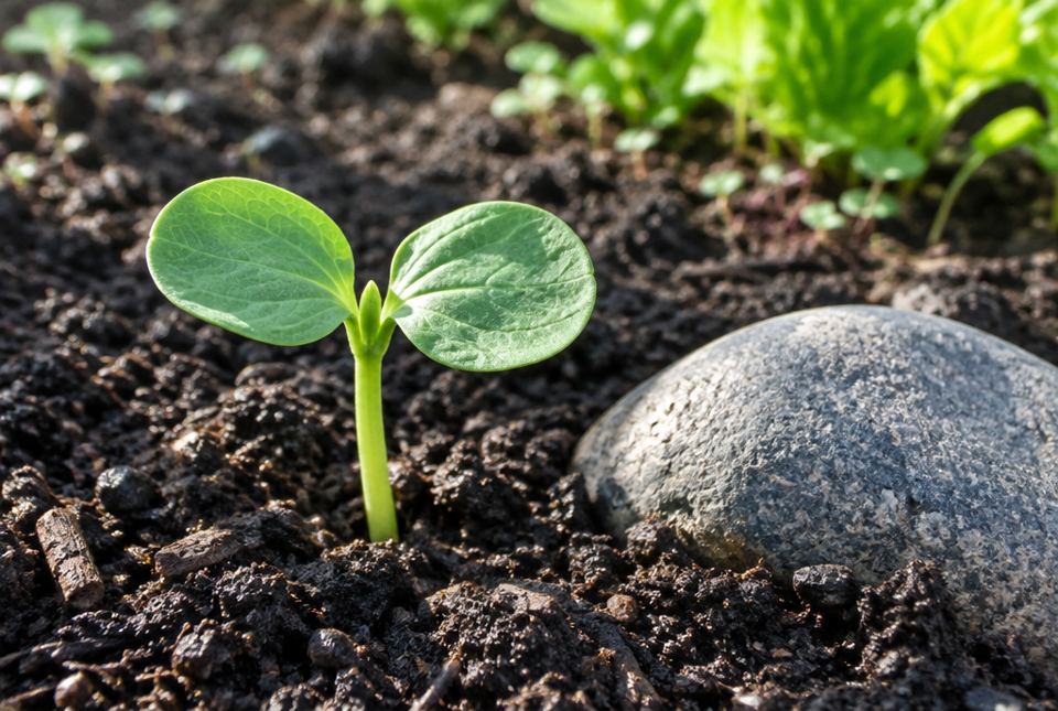 A small green seedling with two leaves growing out of soil next to a grey rock.