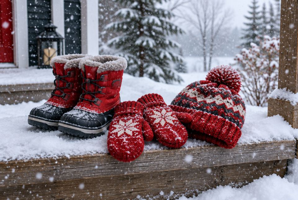 Red winter boots, red mittens and a knitted hat sit on a snowy porch step as snow falls.