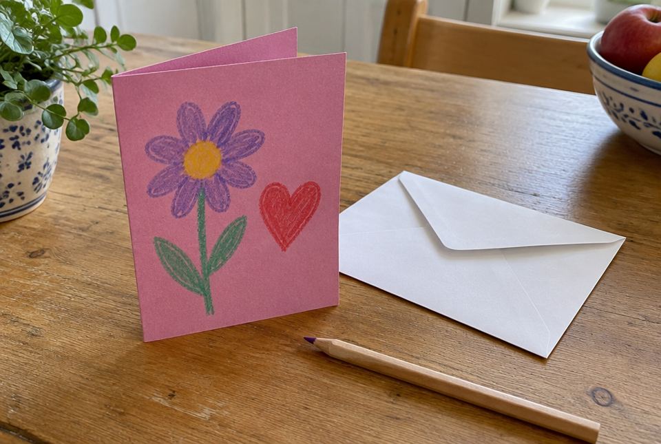 A pink homemade card with a crayon flower and heart stands beside a white envelope and a pencil on a table.