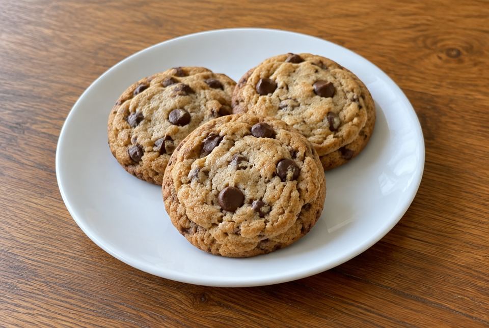 Three chocolate chip cookies sit on a white plate on a wooden table.