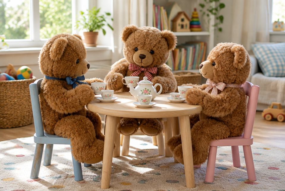 Three teddy bears sit on little chairs around a small table with a toy teapot and tea cups.