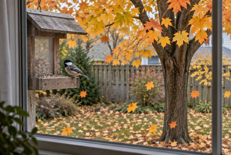A view out a window of a chickadee at a bird feeder and a maple tree with yellow and orange leaves falling.
